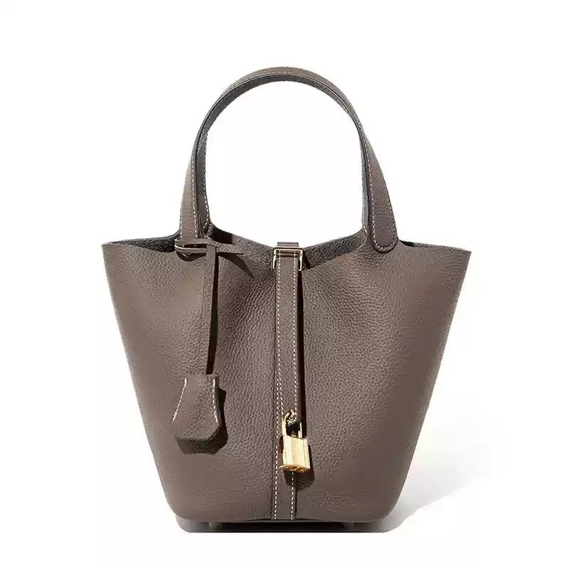 Cow-hide leather women's bucket bag with top handle