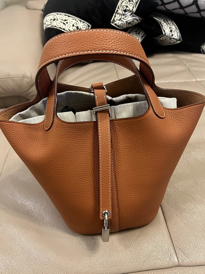Cow-hide leather women's bucket bag with top handle