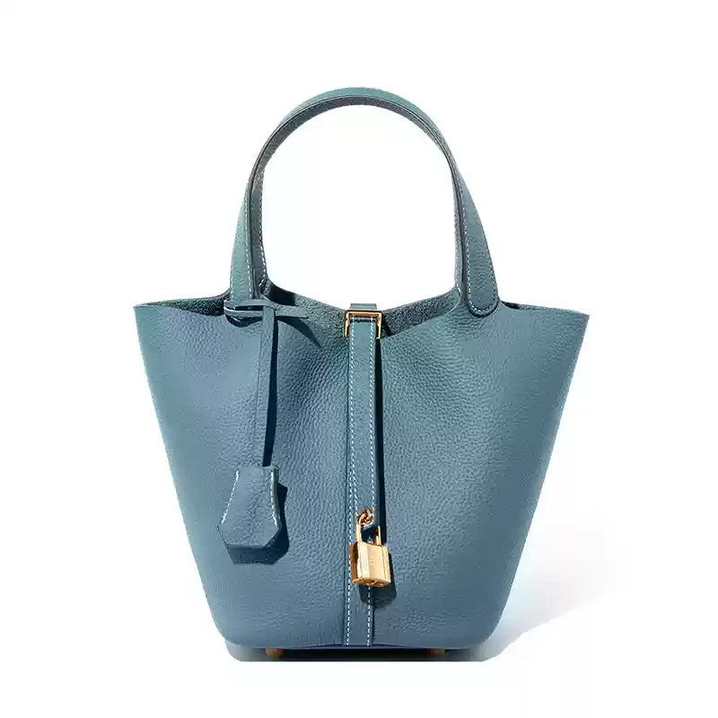 Cow-hide leather women's bucket bag with top handle