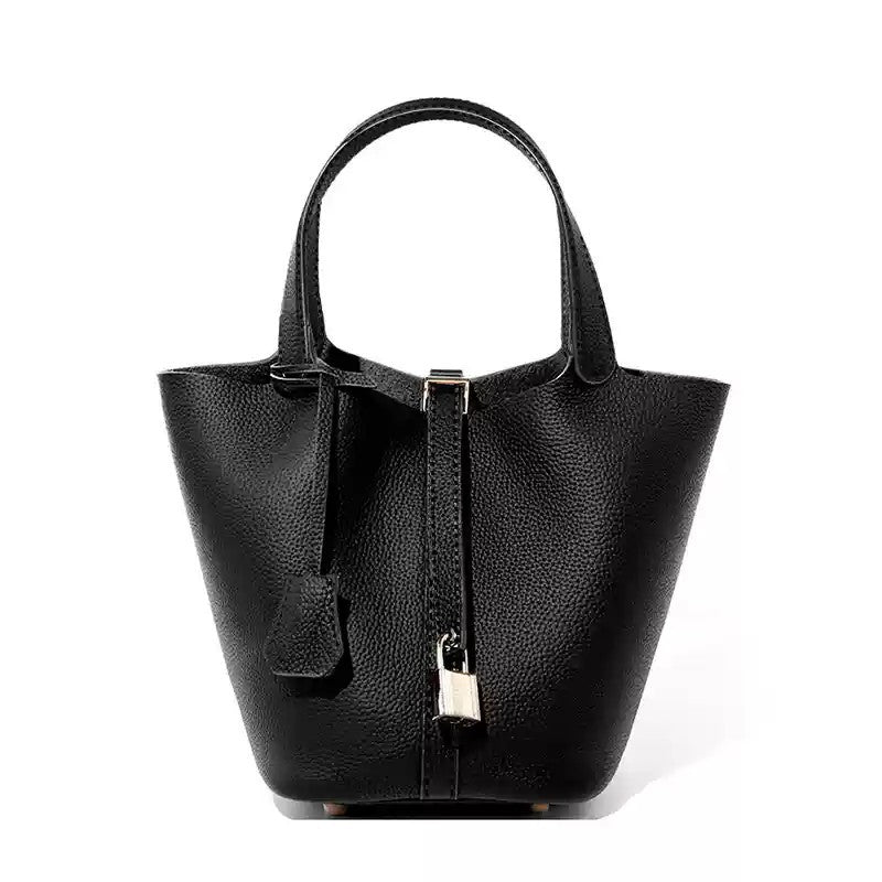 Cow-hide leather women's bucket bag with top handle