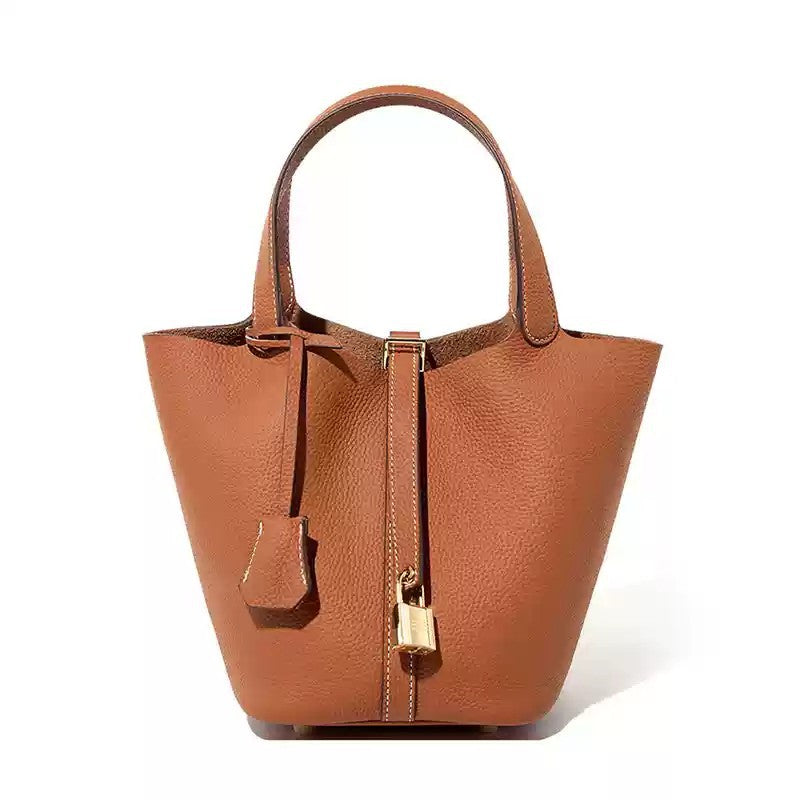 Cow-hide leather women's bucket bag with top handle