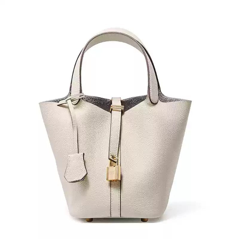 Cow-hide leather women's bucket bag with top handle