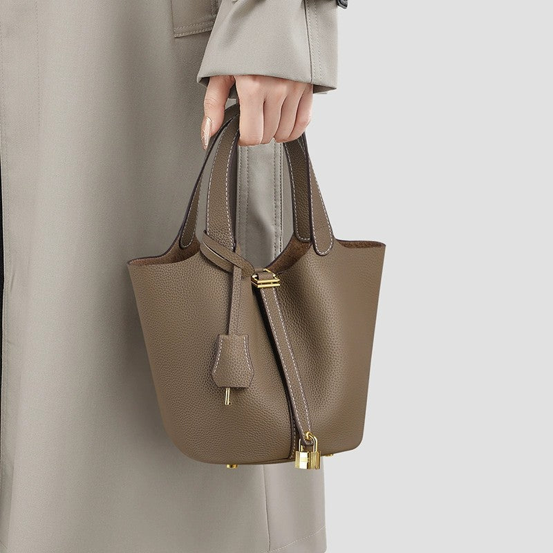 Cow-hide leather women's bucket bag with top handle