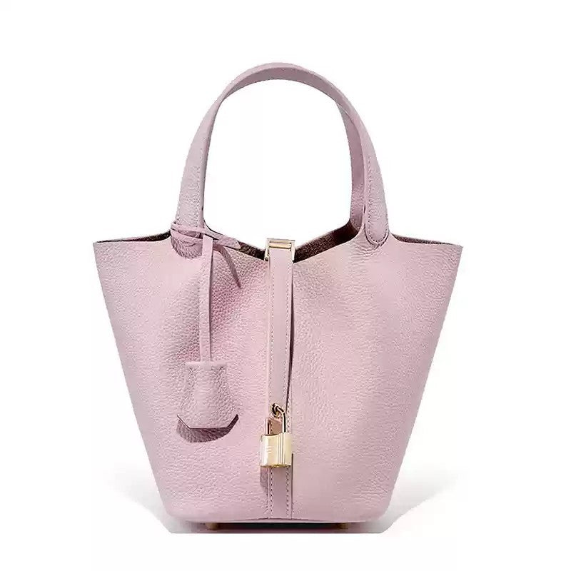 Cow-hide leather women's bucket bag with top handle