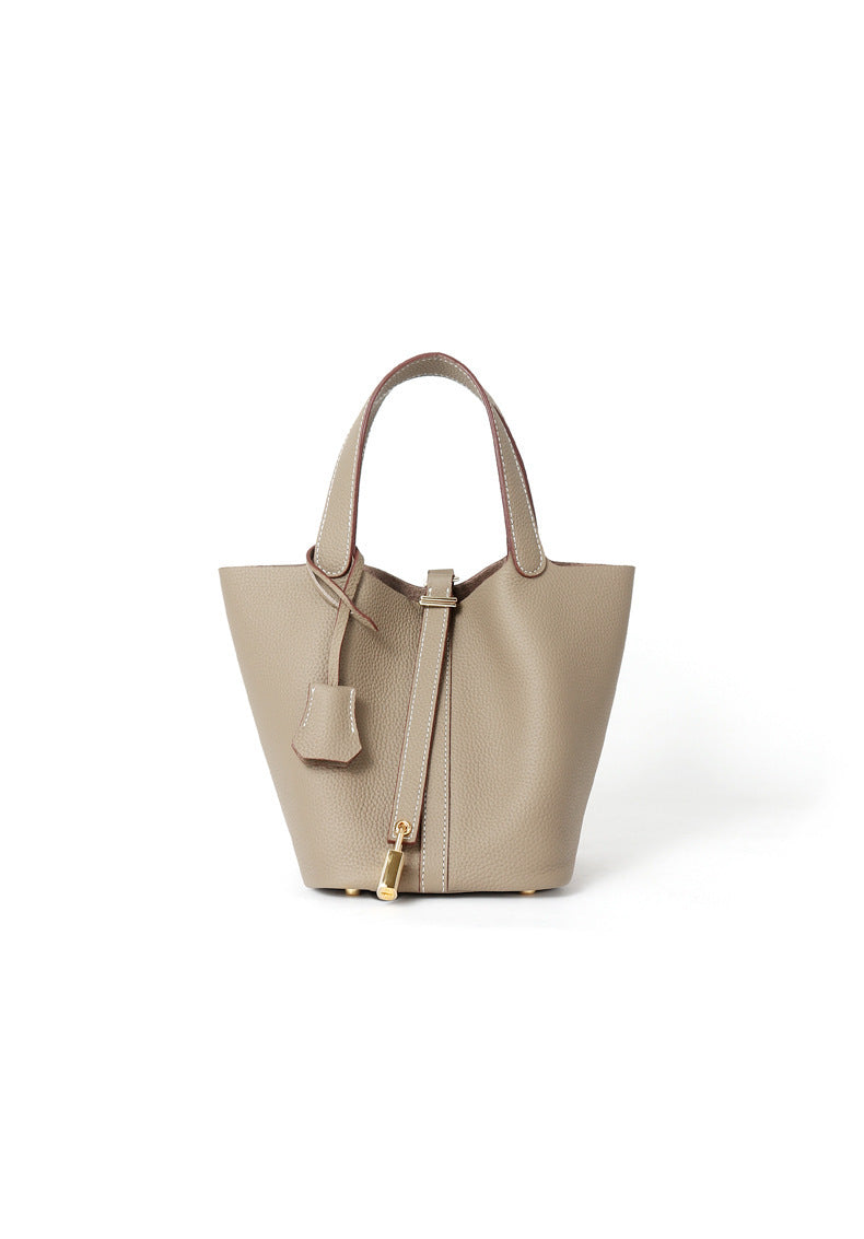 Cow-hide leather women's bucket bag with top handle