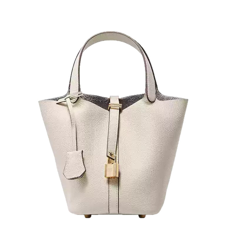 Cow-hide leather women's bucket bag with top handle