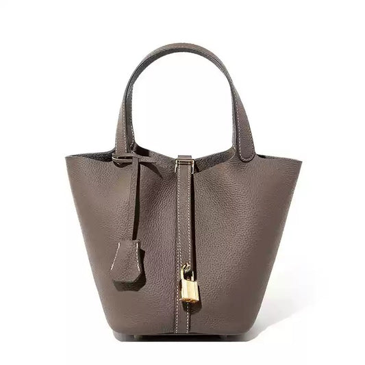 Cow-hide leather women's bucket bag with top handle