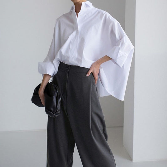 Spring and summer long-sleeved shirt women's Korean version loose large size cotton white cape type dolman sleeve fashion shirt